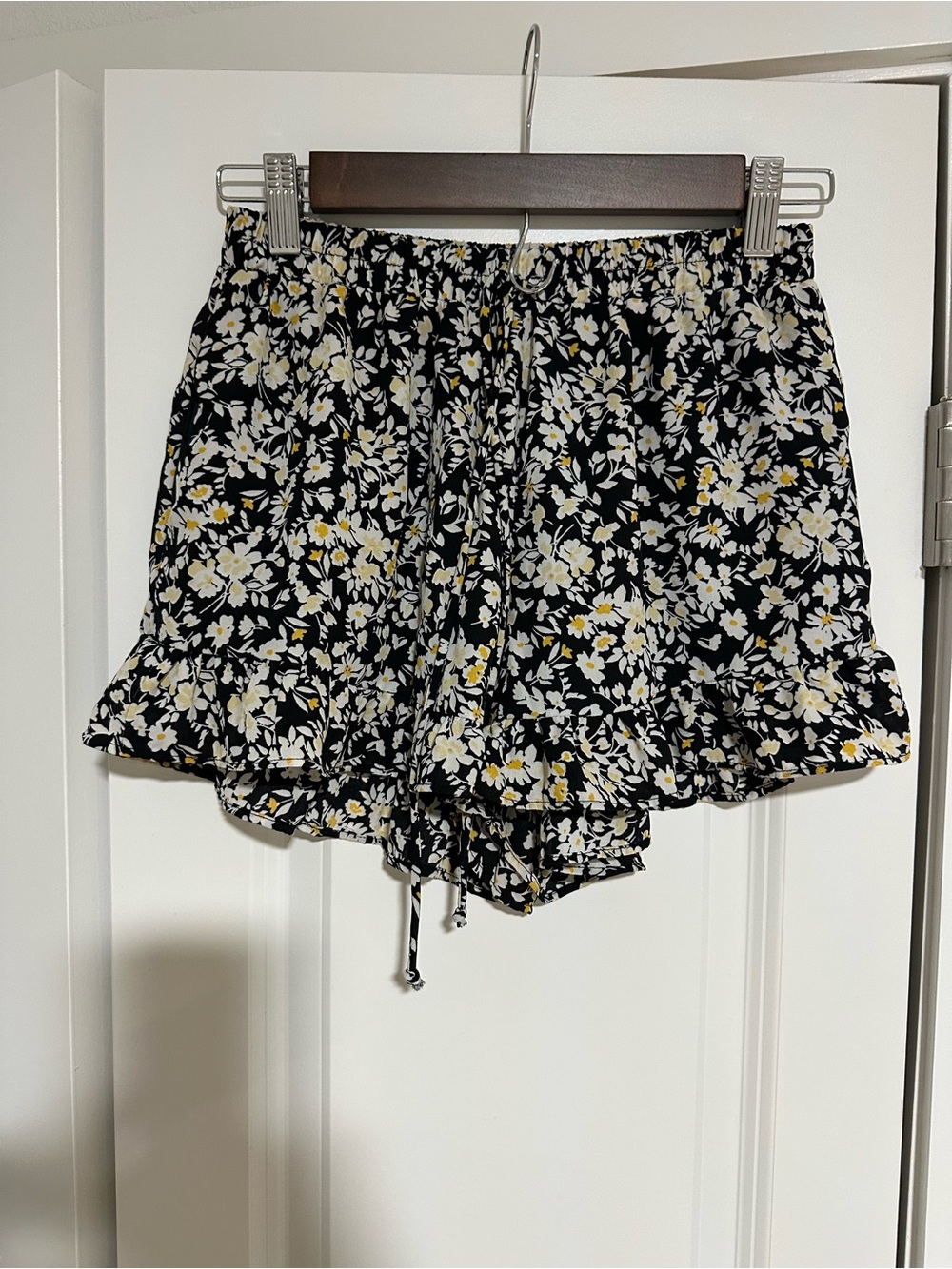 Sienna Sky Black Floral Ruffle Hem Shorts with Yellow Accents